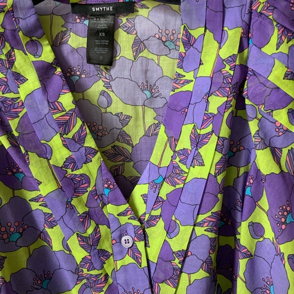 BEAUTIFUL SMYTHE V-NECK FRONTIER COTTON BLOUSE SHIRT IN CHARTREUSE FLORAL - Picture 12 of 16